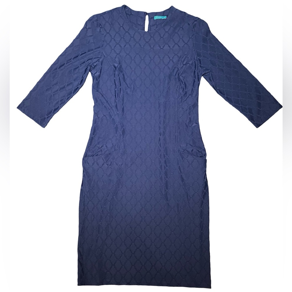 J. McLaughlin Catalina Cloth Trellis Dress 3/4 Sleeve Pockets Navy Blue Sz S EUC